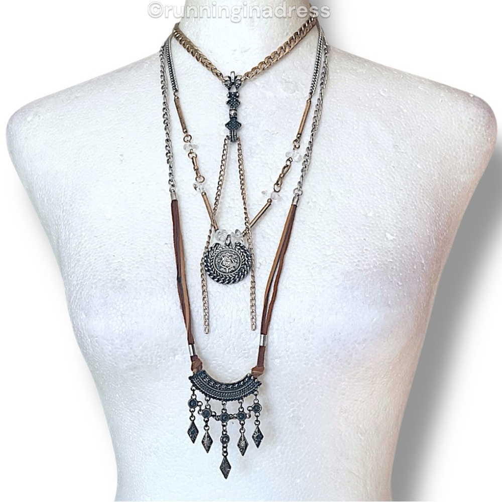 NWT Free People Can't Stand The Rain Layered Necklace Gold Silver & Brown Suede - Picture 6 of 13